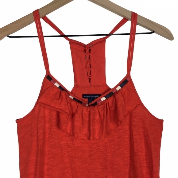 AMERICAN EAGLE Cami Tank Top Embroidered Beads Boho Ruffle Lace Up Back Size XS - Picture 2 of 11